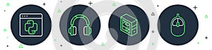 Set line Headphones, Computer, Python programming language and mouse icon. Vector