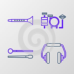 Set line Headphones, Drum sticks, Drums and Clarinet icon. Vector