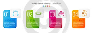 Set line Headphones, Portable video game console, Wireless gamepad and Charger. Business infographic template. Vector