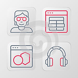 Set line Headphones, Software, MySQL code and Hacker or coder icon. Vector