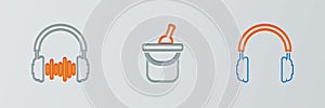 Set line Headphones, and sound waves and Bottle of wine in bucket icon. Vector