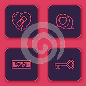 Set line Healed broken heart, Love text, Heart in speech bubble and Key shape. Blue square button. Vector