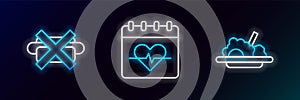 Set line Healthy food, No junk and Heart rate icon. Glowing neon. Vector