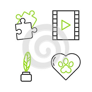 Set line Heart with animals footprint, Feather and inkwell, Play Video and Piece of puzzle icon. Vector