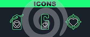 Set line Heart in the center of darts target aim, tag and Please do not disturb with heart icon. Vector