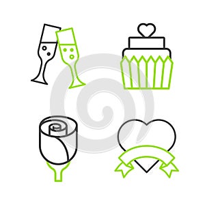 Set line Heart, Flower rose, Wedding cake with heart and Glass of champagne icon. Vector