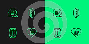 Set line Heart with glass of beer, Wooden barrel, mug and Hotdog sandwich icon. Vector