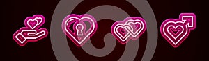 Set line Heart in hand, with keyhole, Two Linked Hearts and male gender. Glowing neon icon. Vector