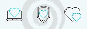 Set line Heart, Laptop with heart and shield icon. Vector
