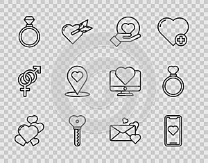 Set line Heart, Mobile phone with heart, hand, Key in shape, Wedding rings, Map pointer, Envelope and icon. Vector