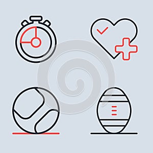Set line Heart rate, Baseball ball, American Football and Stopwatch icon. Vector