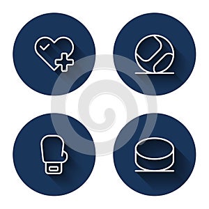 Set line Heart rate, Baseball ball, Boxing glove and Hockey puck with long shadow. Blue circle button. Vector