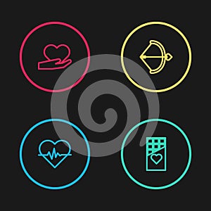 Set line Heart rate, Chocolate bar, Bow and arrow and in hand icon. Vector