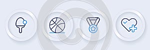 Set line Heart rate, Medal, Basketball ball and Racket icon. Vector