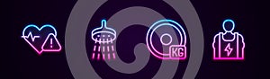 Set line Heart rate, Shower, Weight plate and Bodybuilder. Glowing neon icon. Vector