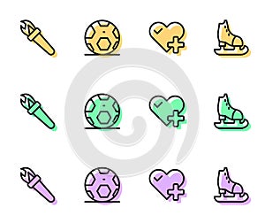 Set line Heart rate, Torch flame, Soccer football ball and Skates icon. Vector
