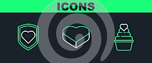 Set line , Heart with shield and Candy in heart shaped box icon. Vector