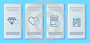 Set line Heart with shield, Smartphone insurance, Diamond and File document and paper clip icon. Vector