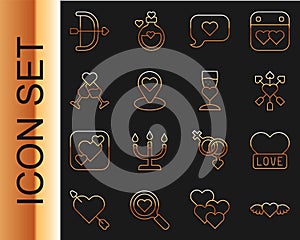 Set line Heart with wings, Amour heart and arrow, speech bubble, Location, Glass of champagne, Bow and icon. Vector