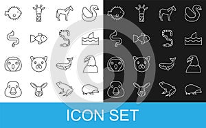 Set line Hedgehog, Eagle head, Shark fin in ocean wave, Horse, Fish, Snake, Puffer fish and Worm icon. Vector