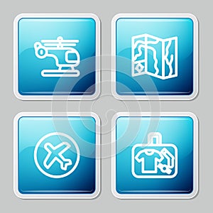 Set line Helicopter, World travel map, Plane and Suitcase icon. Vector