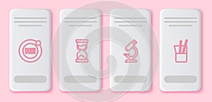 Set line Helium, Old hourglass, Microscope and Laboratory glassware. White rectangle button. Vector