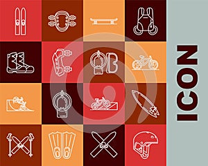 Set line Helmet, Surfboard, Bicycle, Skateboard, Knee pads, Boots, Ski and sticks and Diving mask aqualung icon. Vector