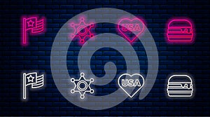 Set line Hexagram sheriff, USA Independence day, American flag and Burger. Glowing neon icon on brick wall. Vector