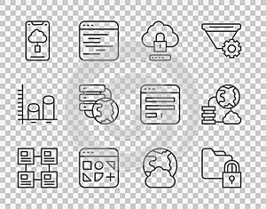Set line Hierarchy organogram chart, Folder and lock, Cloud computing, Different files, technology data transfer