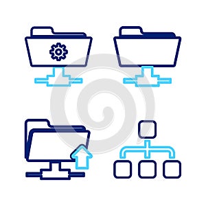 Set line Hierarchy organogram chart, FTP folder upload, and settings icon. Vector