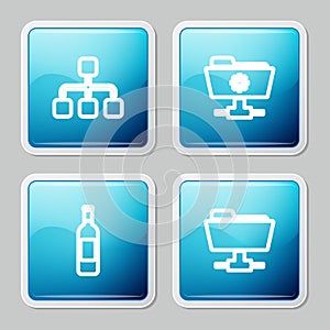Set line Hierarchy organogram chart, FTP settings folder, Bottle of wine and icon. Vector