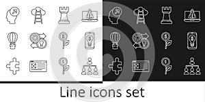 Set line Hierarchy organogram chart, Light bulb with dollar on mobile, Chess, Human resources, Hot air balloon, Head