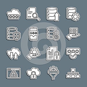 Set line Hierarchy organogram chart, Password protection, Server, Data, Web Hosting, Mobile and password, with shield