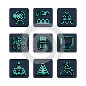 Set line Hierarchy organogram chart, Pyramid infographics, Mountains with flag, Business strategy, Piece of puzzle