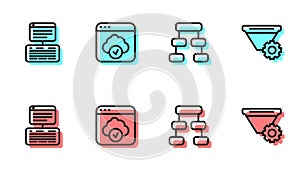 Set line Hierarchy organogram chart, Server, Data, Web Hosting, Cloud technology data transfer and Filter setting icon