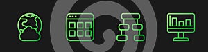 Set line Hierarchy organogram chart, Social network, Browser files and Monitor with graph. Gradient color icons. Vector