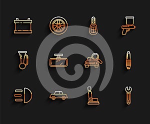 Set line High beam, Car, battery, seat, Wrench, mirror, spark plug and search icon. Vector