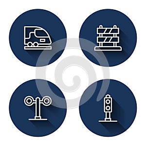 Set line High-speed train, End of railway tracks, Train traffic light and with long shadow. Blue circle button. Vector