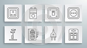 Set line High voltage power pole line, Car battery, Electrical panel, plug, Battery pack, light switch, outlet and icon