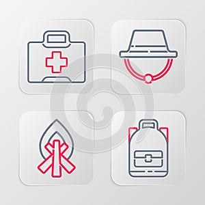 Set line Hiking backpack, Campfire, Camping hat and First aid kit icon. Vector