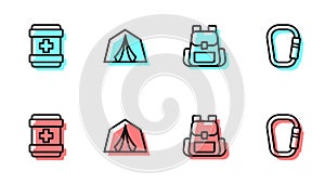 Set line Hiking backpack, First aid kit, Tourist tent and Carabiner icon. Vector