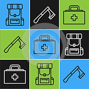 Set line Hiking backpack, First aid kit and Wooden axe icon. Vector