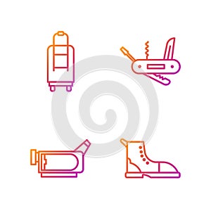 Set line Hiking boot, Cinema camera, Suitcase and Swiss army knife. Gradient color icons. Vector