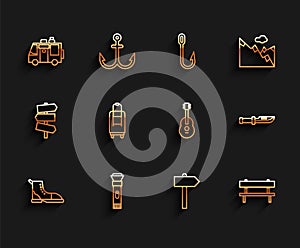 Set line Hiking boot, Flashlight, Rv Camping trailer, Road traffic signpost, Bench, Suitcase, knife and Guitar icon