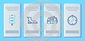 Set line Hiking boot, Rv Camping trailer, Road traffic signpost and Compass icon. Vector