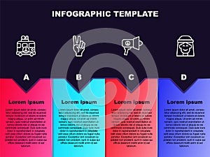 Set line Hippie camper van, Peace symbol, Megaphone and girl. Business infographic template. Vector