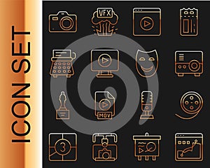 Set line Histogram graph photography, Film reel, Media projector, Online play video, Retro typewriter, Photo camera and