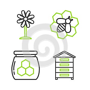 Set line Hive for bees, Jar of honey, Bee and honeycomb and Flower icon. Vector
