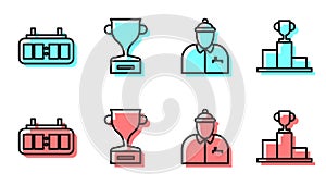 Set line Hockey coach, Hockey mechanical scoreboard, Award cup and Hockey over sports winner podium icon. Vector