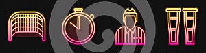 Set line Hockey judge, referee, arbiter, Ice hockey goal, Stopwatch and Crutch or crutches. Glowing neon icon. Vector